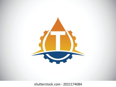 Initial T monogram alphabet with gear swoosh and oil. Oil and gas logo concept. Font emblem. Modern vector logo for petroleum business and company identity