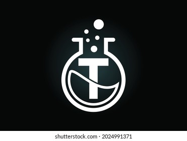 Initial T monogram alphabet with lab glass, chemical liquid, and bubbles. Lab logo design. Logo for science, and technology business and company identity
