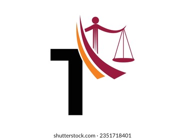 Initial T monogram alphabet with law scale sign symbol. Lawyer And Justice, Law Attorney, Legal,  Law Office, Scale, Logo Template