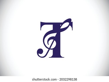 Initial T monogram alphabet with a musical note. Symphony or melody signs. Musical sign symbol. Font emblem. Modern vector logo design template.