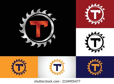 Initial T monogram alphabet with the saw blade. Carpentry, woodworking logo design. Font emblem. Modern vector logo for sawmill business and company identity
