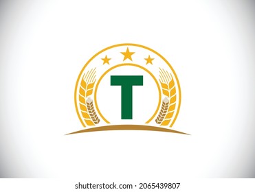 Diseño inicial del símbolo T monograma incorporado con Trigo, cebada o centeno. Concepto de logotipo agrícola. emblema de letra. Logotipo para el negocio agrícola y la identidad de la empresa