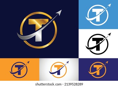 Initial-T-Monogramm-Alphabet-Symboldesign mit dem Pfeil integriert. Logo-Konzept für Finanzen oder Erfolg. Schriftemblem. Logo für Rechnungslegung und Unternehmensidentität