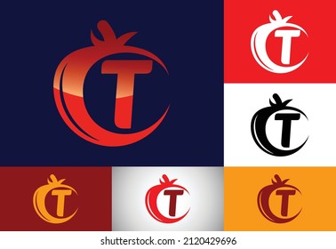 Initial T monogram alphabet with tomato. Tomato logo design template. Font emblem. Modern vector logo for organic food business, and company identity