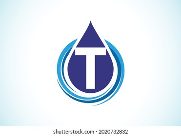 Alfabeto T monocapilado inicial con gota de agua en una espiral. Plantilla vectorial de diseño de logotipo de cascada. emblema de letra. Logo vectorial moderno para identidad empresarial y de empresa