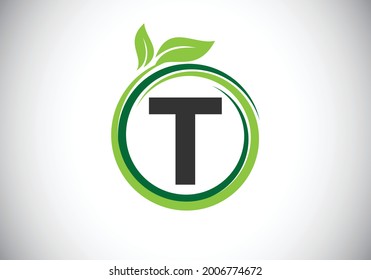 Initial T monogram letter alphabet in a spiral with green leaves. Font emblem. Nature icon sign symbol. Modern vector logo design for business healthcare, nature, farm, and company identity.