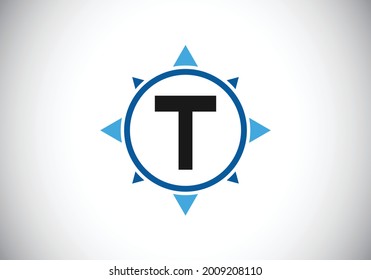 Alfabeto de monograma T inicial en una brújula. emblema de letra. Símbolo del logotipo de la brújula. Diseño de logotipo vectorial moderno para identidad empresarial y de empresa.