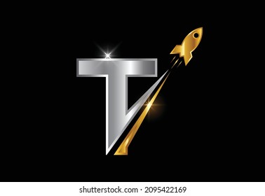 Initial T Monogram Letter Alphabet With A Rocket Logo Design. Rocket Icon. Font Emblem.