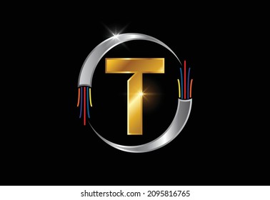 Initial T monogram letter alphabet with electric wire, optical fiber cable. Font emblem.