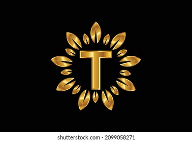 Anfangsbuchstabe T mit Blattkranz. Goldenes Blatt, florales Logo-Design-Konzept. Modernes Vektorlogo-Design für Unternehmen und Unternehmensidentität.