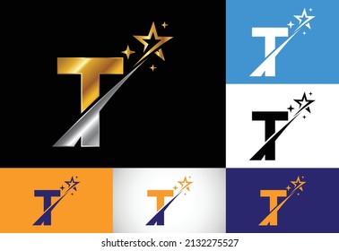 Alfabeto inicial T monograma con icono del logo de la estrella y el swoosh. Resumen del diseño del símbolo del logo de la estrella. Logo vectorial moderno para identidad empresarial y de empresa.