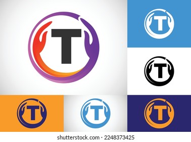 Initial T monogram letter with safe hands. Professional charity teamwork and foundation logo design