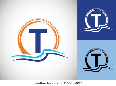 Initial T monogram letter with water ocean waves and the sun. Beach logo design concept