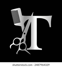 The initial "T" scissors logo combines luxury and elegance, ideal for barbershops and salons, versatile in both small size and monochrome designs.