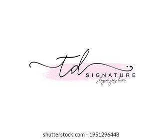 Initial TD beauty monogram and elegant logo design, handwriting logo of initial signature, wedding, fashion, floral and botanical with creative template.