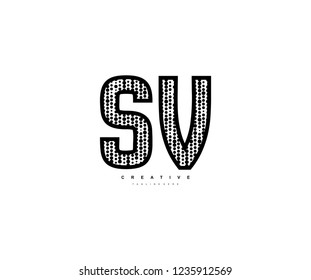 Initial Text SV Letter Outline Linear Monogram with Abstract Dots Pattern Logotype