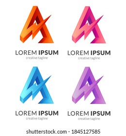 Initial A and thunder logo with 3d concept in various color