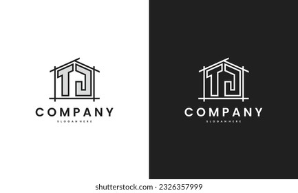 Initial TJ home logo with creative house element in line art style vector design template