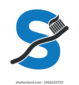 Logotipo inicial del cepillo de dientes combinado con la plantilla del vector de la letra S
