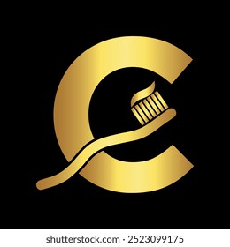 Logo inicial del cepillo de dientes combinado con la letra C Plantilla de Vector