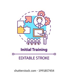 Initial Training Concept Icon. Employee Adaptation Program Elements. Beginning Work Thin Line Illustration. Interactive Discourse. Vector Isolated Outline RGB Color Drawing. Editable Stroke