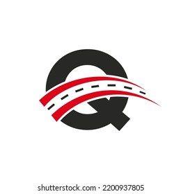 Initial Transport Logo On Q Letter Concept. Minimal Q Letter Road Logo Design Template