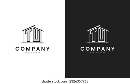 Initial TU home logo with creative house element in line art style vector design template