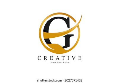 Initial Typography G Stylish Swoosh Gold Circle Leaf Logo