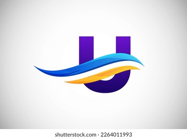 Initial U alphabet with swoosh or ocean wave logo design. Graphic alphabet symbol for corporate business identity