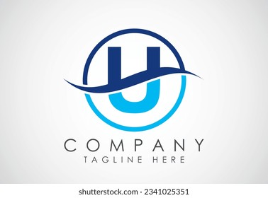Initial U alphabet with swoosh or ocean wave logo design. Graphic alphabet symbol for corporate business identity