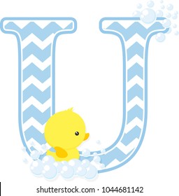initial u with bubbles and little baby rubber duck isolated on white background. can be used for baby boy birth announcements, nursery decoration, party theme or birthday invitation