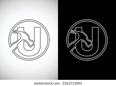 Initial U letter alphabet with a Hammer. Repair, renovation, and construction logo. Line art style logo