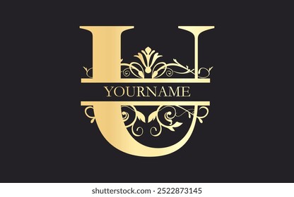 Initial U letter,  floral Split Letter Monogram,luxury Wedding invitation Monogram Design,gold color on black background