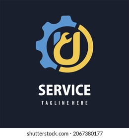Initial U Letter with Gear and Wrench for Automotive Home Repair, Setting, Maintenance Service Company. Home Repair Business Logo Template