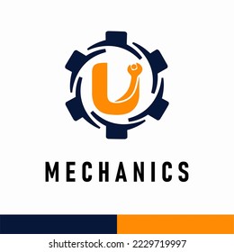 Initial U Letter with Gear and Wrench symbol for mechanic automotive repair business service logo template