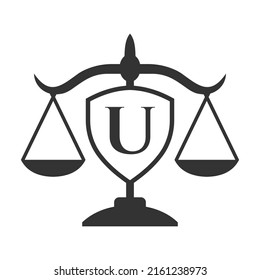 Initial U Letter Law Logo with Shield, Wreath Symbol. Law and Attorney Logotype in Alphabet U Letter Template