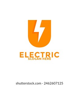 Initial U Letter with Lightning Bolt Logo Vector Design, Electric Logo template