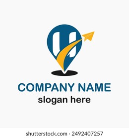 Initial u Letter with Position Icon and Paper Plane for Travel Agency Business Logo Idea