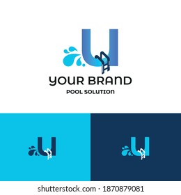 Initial u letter for swimming pools and aquatic venue repairing, setting and service company logo template