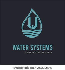 Initial U Letter  With Water Drop And Leaf For Water Drainage, Sanitation, Purified, Repair, Cleanup, Maintenance Water System Service Company Logo Vector Idea