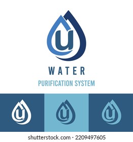 Initial u Letter with water drop icon for water purification system, natural cosmetic business logo idea	