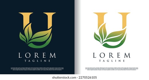 initial u logo design template with leaf icon and creative concept premium vector