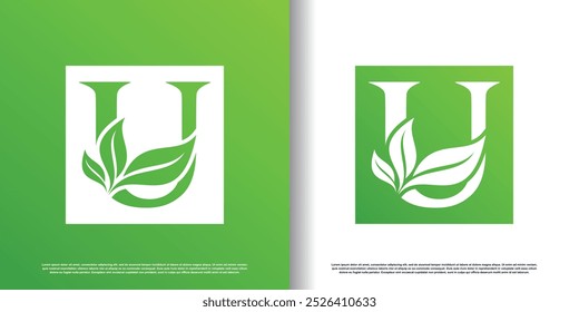 initial u logo design template with leaf icon and creative concept premium vector