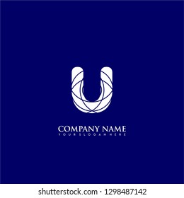 initial U logo letter with abstract circle lines pattern symbol design concept in blue background color
