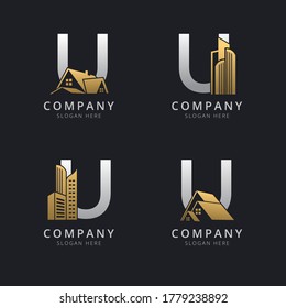 Initial U logo with real estate elements in gold and silver color