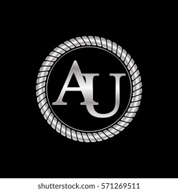 initial a and u logo silver metallic with metal circle rope frame border decorative