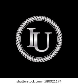 initial i and u logo silver metallic with metal circle rope frame border decorative