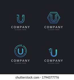 Initial U logo with technology elements in blue color 