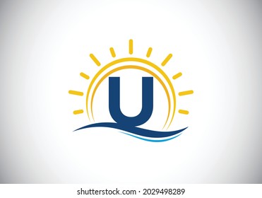 Initial U monogram alphabet with abstract sun and wave. Ocean sun logo design. Font emblem. Modern vector logo for a business, and company identity