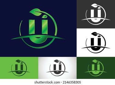 Initial U monogram alphabet with circle leaf and swoosh. Eco-friendly logo concept. Modern vector logo for ecological business and company identity